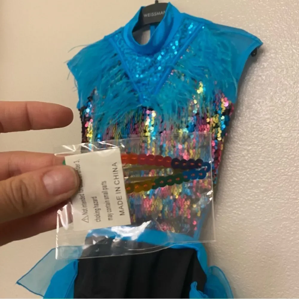 WEISSMAN Dance costume feather teal sequins sassy A Deeper Love 14471 LC child
